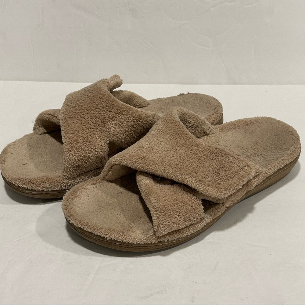 Orthaheel Relax Slippers Sandals Womens US 7 Faux Fur Beige Adjustable Strap`